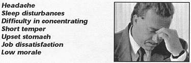 image of a man with fingers clinched at brow early warning signs of job stress: headache, sleep disturbances, difficulty in concentrating, short temper, upset stomach, job dissatisfaction, low morale